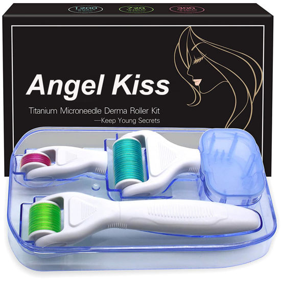 Picture of Derma Roller for Face and Body - Angel Kiss 4 in 1 Titanium Microneedling Roller Kit Micro Needle Dermaroller, 300/720 Needles 0.25mm,1200 Needle 0.3mm