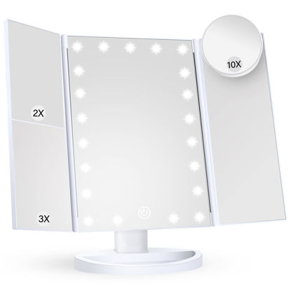 Picture of Makeup Mirror Vanity Mirror with Lights, 2X 3X 10X Magnification, Lighted Makeup Mirror, Touch Control, Trifold Makeup Mirror, Dual Power Supply, Portable LED Makeup Mirror, Women Gift (White+10X)