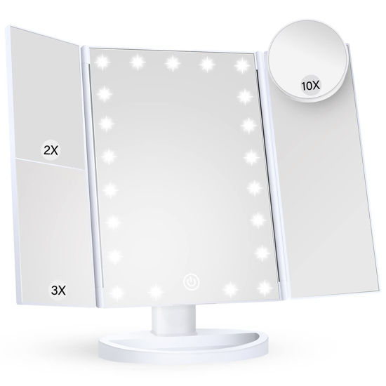 Picture of Makeup Mirror Vanity Mirror with Lights, 2X 3X 10X Magnification, Lighted Makeup Mirror, Touch Control, Trifold Makeup Mirror, Dual Power Supply, Portable LED Makeup Mirror, Women Gift (White+10X)