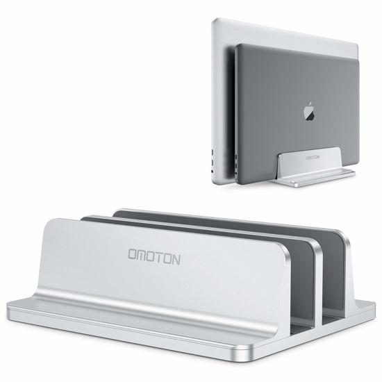 Picture of OMOTON [Updated Dock Version] Vertical Laptop Stand, Double Desktop Stand Holder with Adjustable Dock (Up to 17.3 inch), Fits All MacBook/Surface/Samsung/HP/Dell/Chrome Book (Silver)