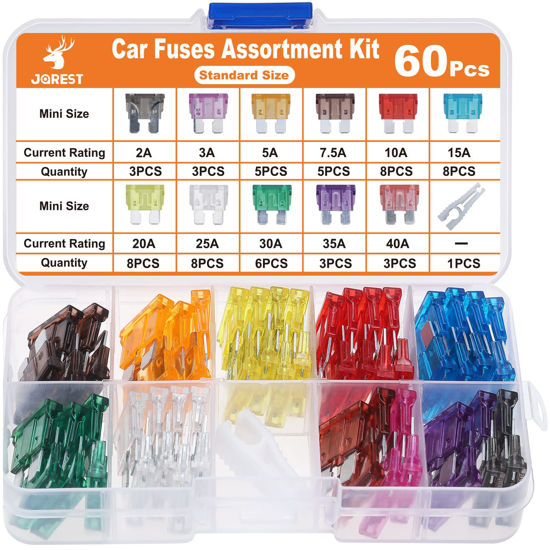 GetUSCart- JOREST 60Pcs Car Fuse Kit -Replacement Fuses Assortment Kit for  Car/RV/Truck/Motorcycle(2Amp 3A 5A 7.5A 10A 15A 20A 25A 30A 35A 40A) -  Standard Blade Fuses Automotive + Auto Fuse Puller