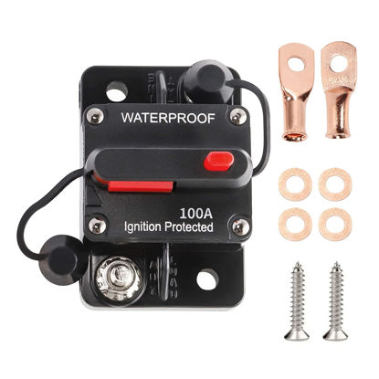 Picture of RED WOLF 100A Amp Circuit Breaker W/2 Gauge Battery Ring Terminal Connector Manual Reset Switcher for Boat Trolling Motor Marine ATV Car Stereo Audio Battery Solar System Inline Fuse Waterproof