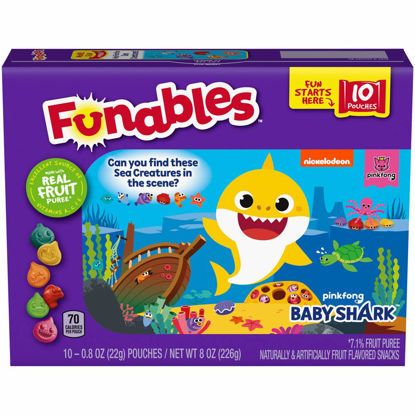 Picture of Funables Fruit Snacks, Baby Shark Shaped Fruit Flavored School Snacks, Pack of 10 0.8 ounce Pouches