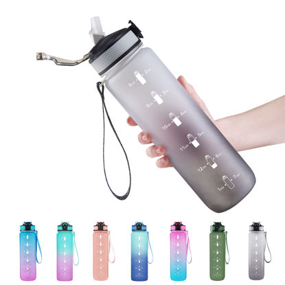 Picture of 32 oz Water Bottle with Time Marker, Carry Strap, Leak-Proof Tritan BPA-Free, Ensure You Drink Enough Water for Fitness, Gym, Camping, Outdoor Sports (Black/Gray Gradient)