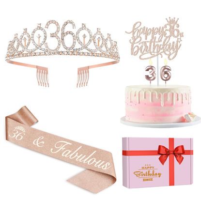 Picture of 36th Birthday Decorations for Women Including 36th Birthday Sash for Women, Tiara/Crown, Numeral 36 Candles and Cake Topper, Rose Gold 36th Birthday Gifts for Women Birthday Decorations Favor Supplies