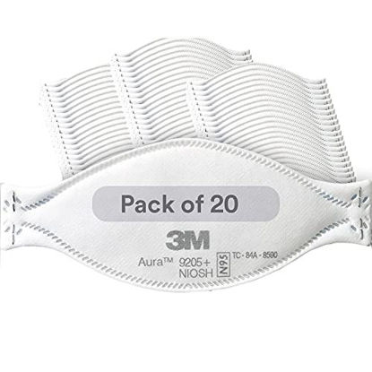 Picture of 3M Aura Particulate Respirator 9205+, N95, Pack of 20 Disposable Respirators, Individually Wrapped, 3 Panel Flat Fold Design Allows for Facial Movements, Comfortable, NIOSH Approved