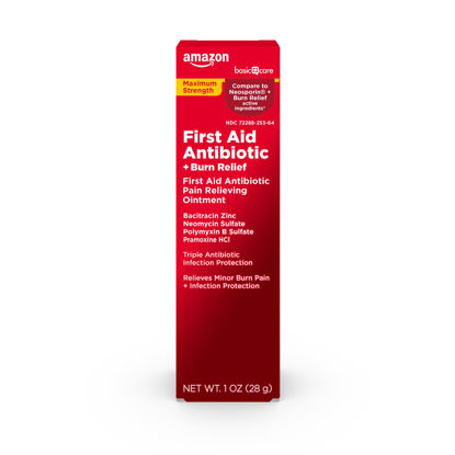 Picture of Amazon Basic Care First Aid Antibiotic + Burn Relief, Maximum Strength Triple Antibiotic Ointment, 1 Ounce