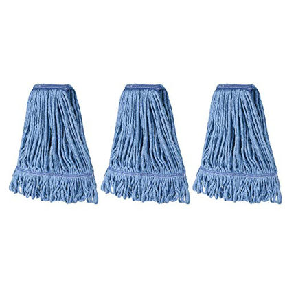 Picture of Matthew Cleaning Heavy Duty Mop Head Commercial Replacement for General and Floor Cleaning , Wet Industrial Blue Cotton Looped End String Head Refill (Pack of 3) Blue