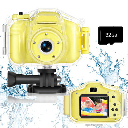 Picture of Agoigo Kids Waterproof Camera Toys for 3-12 Year Old Boys Girls Christmas Birthday Gifts HD Children's Digital Action Camera Child Underwater Sports Camera 2Inch Screen with 32GB Card (Yellow)