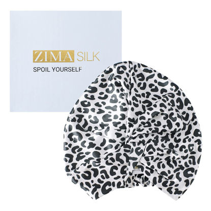 Picture of ZIMASILK 22Momme 100% Mulberry Silk Sleep Cap for Women Hair Care, Silk Bonnet with Elastic Stay On Head, Double Sided 22 Momme Silk Hair Wrap for Sleeping, 1Pc (Leopard Black/White)