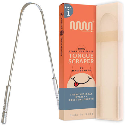 Picture of MasterMedi Tongue Scraper with Case (1 Pack), Medical Grade 100% Stainless Steel Tongue Scrubber for Bad Breath Treatment, Easy to Use Tongue Scraper for Adults, Tongue Cleaner for Oral Care & Hygiene