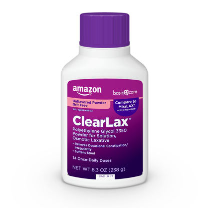 Picture of Amazon Basic Care ClearLax, Polyethylene Glycol 3350 Powder for Solution, Osmotic Laxative, Unflavored, 8.3 Ounces