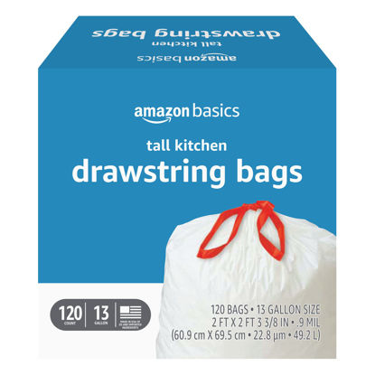 Picture of Amazon Basics Tall Kitchen Drawstring Trash Bags, 13 Gallon, Unscented, 120 Count (Previously Solimo)