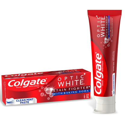 Picture of Colgate Optic White Stain Fighter with Baking Soda Whitening Toothpaste, Clean Mint Flavor, Removes Surface Stains, Enamel-Safe for Daily Use, Teeth Whitening Toothpaste with Fluoride, 6 Oz Tube