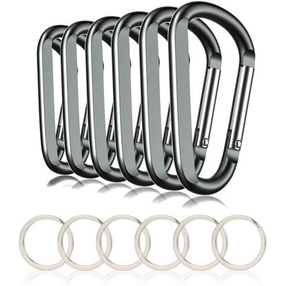 Picture of 6PCS Carabiner Caribeaner Clip,3" Large Aluminum D Ring Shape Carabeaner with 6PCS Keyring Keychain Hook (Grey)