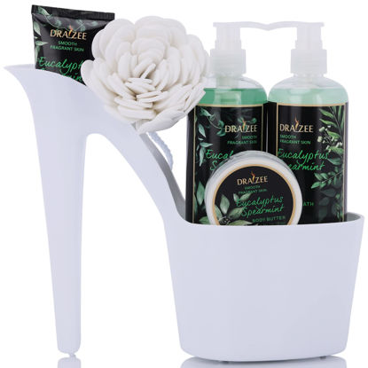 Picture of LuxuriousSpa Gift Basket - Eucalyptus Spearmint Scented Heel Shoe Bath Essentials Gift Set w/ Shower Gel, Bubble Bath, Body Butter, Body Lotion, Soft EVA Bath Puff Mother's Gifts For Women By Draizee