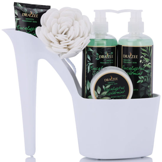 Picture of LuxuriousSpa Gift Basket - Eucalyptus Spearmint Scented Heel Shoe Bath Essentials Gift Set w/ Shower Gel, Bubble Bath, Body Butter, Body Lotion, Soft EVA Bath Puff Mother's Gifts For Women By Draizee