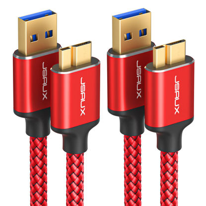 Picture of JSAUX [3.3FT+6.6FT] Micro USB 3.0 Cable, USB A Male to Micro B Cable 2 Pack External Hard Drive Cable Nylon Braided Cord for Samsung S5/Note 3, Camera, Toshiba, Seagate Hard Drive, WD Hard Drive-Red