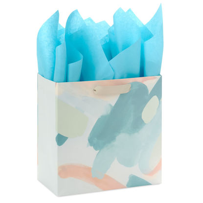 Picture of Hallmark Signature Studio 7" Medium Square Gift Bag with Tissue Paper (Abstract Brushstrokes) Peach, Mint Green, Teal for Birthdays, Bridal Showers