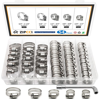 Picture of ZIPCCI Hose Clamp Kit, 1/4 Inch - 1 Inch 304 Stainless Steel Hose Clamps Assortment, Worm Gear Metal Fuel Line Pipe Clamp Set, 6-29mm (54pack)