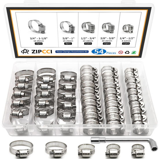 Picture of ZIPCCI Hose Clamp Kit, 1/4 Inch - 1 Inch 304 Stainless Steel Hose Clamps Assortment, Worm Gear Metal Fuel Line Pipe Clamp Set, 6-29mm (54pack)
