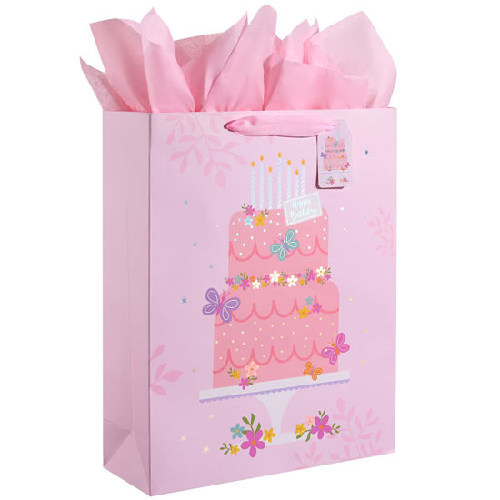 Picture of SUNCOLOR 16" Extra Large Gift Bag with Tissue Paper for Girls (Happy Birthday Cake)