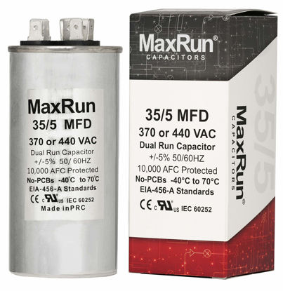 Picture of MAXRUN 35+5 MFD uf 370 or 440 Volt VAC Round Motor Dual Run Capacitor for AC Air Conditioner Condenser - 35/5 uf MFD 440V Straight Cool or Heat Pump - Will Run AC Motor and Fan - 5 Year Warranty