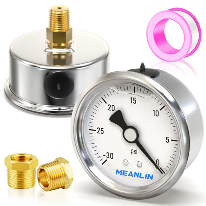 Picture of MEANLIN MEASURE -30~0Psi Stainless Steel 1/4" NPT 2.5" Single Scale FACE DIAL,Glycerin Filled Fuel Pressure Gauge,Liquid Filled Pressure Gauge WOG Water Oil Gas Back Mount