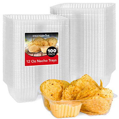 Picture of 12oz Plastic Nacho Trays (100 Pack) Small Disposable Tray for Nachos & Cheese Dip, Concession Stand Supplies, Movie Night Snacks for Kids, Carnival Party Decorations, Food Boats, Snack Containers…