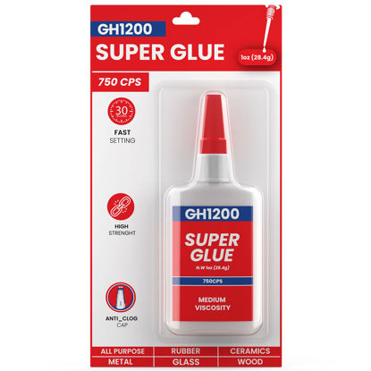 Picture of 1 Oz (750 CPS) Super Glue All Purpose with Anti Clog Cap. Ca Glue - Adhesive SuperGlue. Cyanoacrylate Glue for Hard Plastics, DIY Craft, Metal and Many More