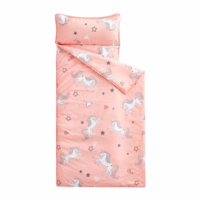 Picture of Wake In Cloud - Unicorn Nap Mat, with Removable Pillow for Kids Toddler Boys Girls Daycare Preschool Kindergarten Sleeping Bag, White Unicorns Printed on Pink, 100% Microfiber