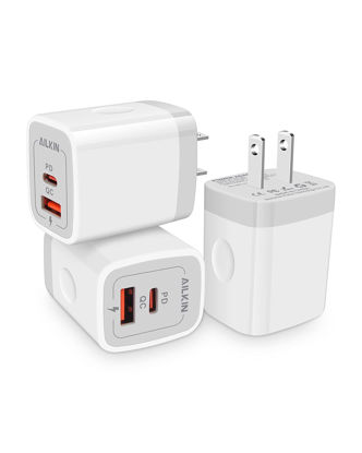 Picture of 3Pack Dual Port USB-C Wall Plug-in USB Charger, AILKIN 20W Power Delivery + QC3.0 USB A Double Port Fast Charging Block for iPhone 14 13 12 Pro Max 14 Pro 12 Mini 14 11 Pro Max 14 Plus 11 SE X XS Cube