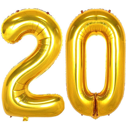 Picture of 20 Number Balloons Gold Big Jumbo Giant Big Large Number 20 Foil Mylar Balloons for Women Men 20th Birthday Party 20 Anniversary Decorations Supplies