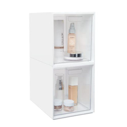 Picture of STORi Audrey Stackable Plastic White Organizer with Clear Drawer | 2 Piece Bin Set | Organize Cosmetics and Beauty Supplies on a Vanity | Made in USA