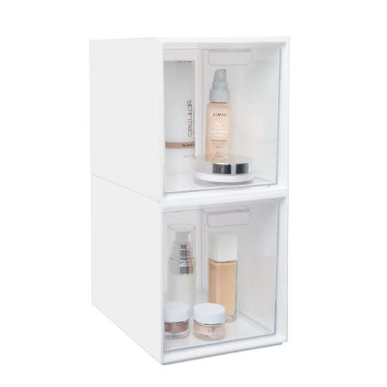 STORi Audrey Stackable Bin Clear Plastic Organizer Drawers , 2 Piece Set ,  Organize Cosmetics and Beauty Supplies on a Vanity , Made in USA 6.75 Clear  
