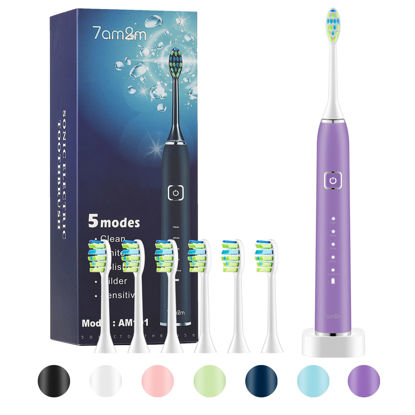 Picture of 7AM2M Sonic Electric Toothbrush with 6 Brush Heads for Adults and Kids, One Charge for 90 Days, Wireless Fast Charge, 5 Modes with 2 Minutes Built in Smart Timer, Electric Toothbrushes(Purple)