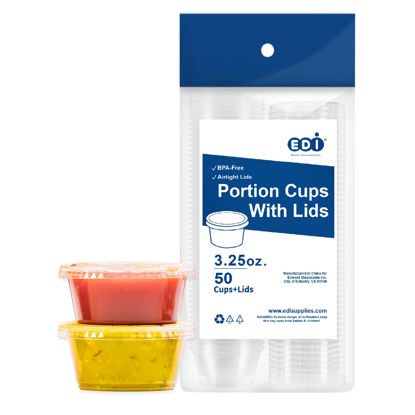 Picture of [3.25 OZ, 50 Sets] EDI Clear Disposable Plastic Portion Cups with Leakproof Lids | Jello Shot Cups | Condiment and Dipping Sauce Cups | Souffle Cups | BPA Free | Recyclable