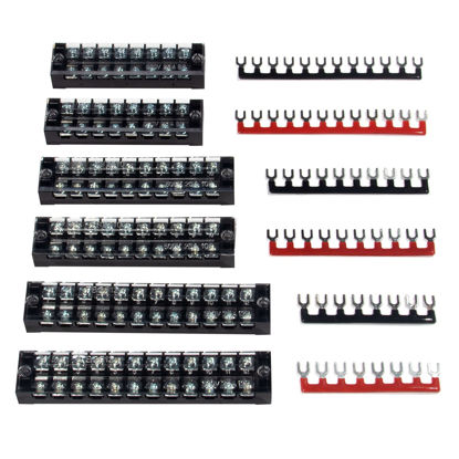 Picture of MILAPEAK Terminal Block and Strip - 6 Sets 8/10/12 Positions 600V 25A Dual Row Wire Screw Terminal Strip Block with Cover + 400V 25A Pre-Insulated Terminals Barrier Strips Jumpers (Black & Red)