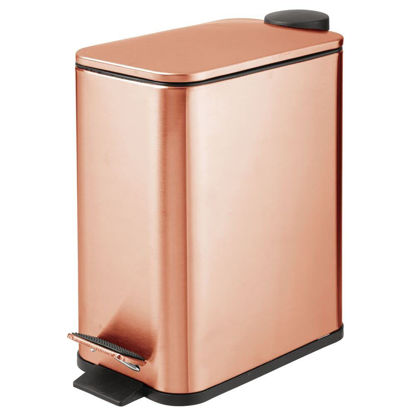 Picture of mDesign Slim Metal Rectangle 1.3 Gallon Trash Can with Step Pedal, Easy-Close Lid, Removable Liner - Narrow Wastebasket Garbage Container Bin for Bathroom, Bedroom, Kitchen, Office - Rose Gold