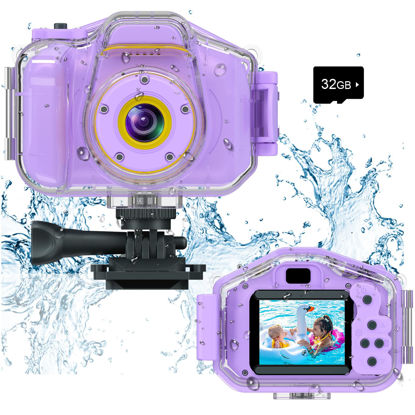 Picture of Agoigo Kids Waterproof Underwater Camera Toys for 3-12 Year Old Boys Girls Christmas Birthday Gifts Children HD Video Digital Cameras 2 Inch IPS Screen with 32GB Card (Purple)