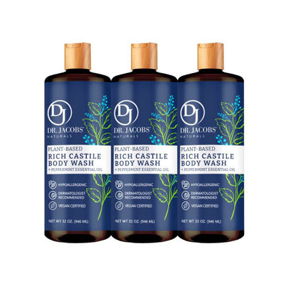 Picture of Dr Jacobs Naturals All-Natural Castile Peppermint Body Wash with Plant-Based Ingredients - Gentle and Effective - Sulfate-Free, Paraben-Free, and Cruelty-Free Formula for Nourished Skin (32 oz, 3 Pack)