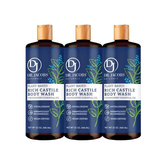 Picture of Dr Jacobs Naturals All-Natural Castile Peppermint Body Wash with Plant-Based Ingredients - Gentle and Effective - Sulfate-Free, Paraben-Free, and Cruelty-Free Formula for Nourished Skin (32 oz, 3 Pack)