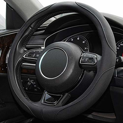Picture of Xizopucy 14inch Steering Wheel Cover for Prius Civic,S,Tesla Model3Y(14-14.25inch)-Black Microfiber Leather Breathable, Anti Slip Car Accessories…