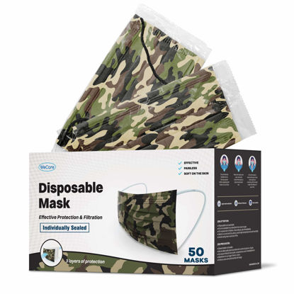 Picture of WECARE Disposable Face Mask Individually Wrapped - 50 Pack, Camo Masks 3 Ply