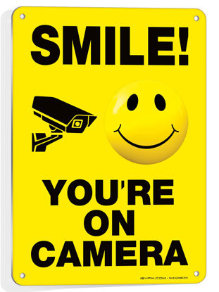 Picture of iSYFIX Smile You're on Camera Signs for Business - 1 Pack 7x10 Inch - 100% Rust Free .040 Aluminum Sign, Laminated for UV, Weather, Fade Resistance, Security Camera Sign for Home, Business, CCTV