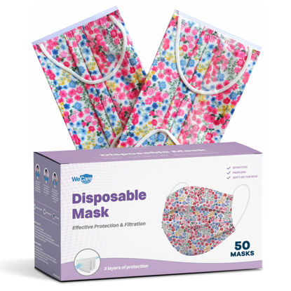 Picture of WECARE Disposable Face Mask Individually Wrapped - 50 Pack, Floral Print Flower Masks - 3 Ply