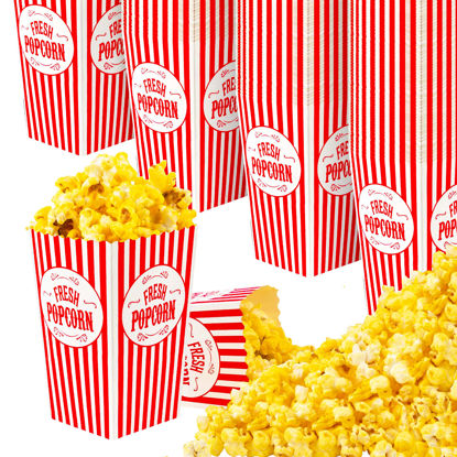 Picture of [50 Pack] Movie Theater Popcorn Boxes Disposable Red & White Striped - 30 oz Capacity - Vintage Snack Box Concession and Carnival Party Supplies, Individual Popcorn Bucket Containers