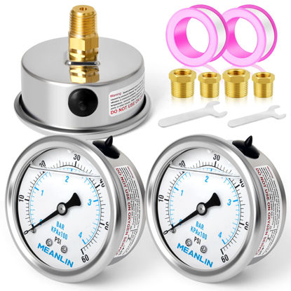 Picture of MEANLIN MEASURE 0~60Psi Stainless Steel 1/4" NPT 2.5" FACE DIAL Liquid Filled Pressure Gauge WOG Water Oil Gas Back Mount (Pack of 2）