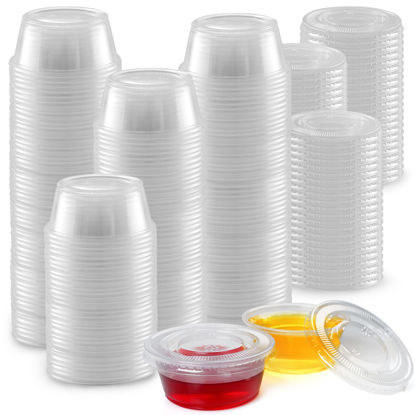 Picture of [3.25 Ounce, 100 Cups] Clear Jello Shot Cups with Lids for Halloween Decorations - Plastic Portion Cup Condiment Container with Lids - Disposable Condiment Cups For Halloween Candy, Dressing and Sauce