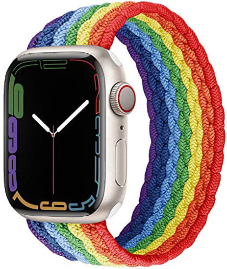 Picture of Proworthy Lace Braided Solo Loop Compatible With Apple Watch Band 42mm 44mm 45mm for Men and Women, Lace Stretch Nylon Elastic Strap for iWatch Series SE 7 6 5 4 3 2 1 (Rainbow, XS)